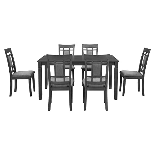 Merax 7-Piece Farmhouse Rustic Wooden Dining Set, Rectangular Table With 6 Padded Chairs, Gray 5 Merax 7-Piece Farmhouse Rustic Wooden Dining Set, Rectangular Table With 6 Padded Chairs, Gray - Image 5