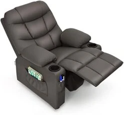 GLACER Kids Recliner Chair W/Cup Holder & Side Pockets, Children Recliner W/Comfortable Backrest, Armrests & Footrest, Toddler PU Leather Recliner For Boys Girls, 3+ Age Group (Grey) -Safavieh Furniture 31uHqtLcqpL. AC