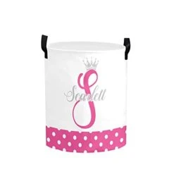 Personalized Laundry Basket Hamper,Princess Pink Dots,Collapsible Storage Baskets With Handles For Kids Room,Clothes, Nursery Decor