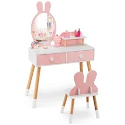HONEY JOY Kids Vanity, Rabbit Themed Wooden Makeup Table And Chair Set W/2 Large Drawers, Beech Wood Legs, Princess Dressing Beauty Table, Girls Vanity Set With Mirror And Stool, Gift For Little Girls