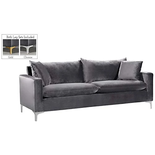 Meridian Furniture Naomi Collection Stainless 1 Modern | Contemporary Velvet Upholstered Sofa With Stainless Steel Base In A Rich Gold Or Chrome Finish, Grey 2 Meridian Furniture Naomi Collection Stainless 1 Modern | Contemporary Velvet Upholstered Sofa With Stainless Steel Base In A Rich Gold Or Chrome Finish, Grey - Image 2