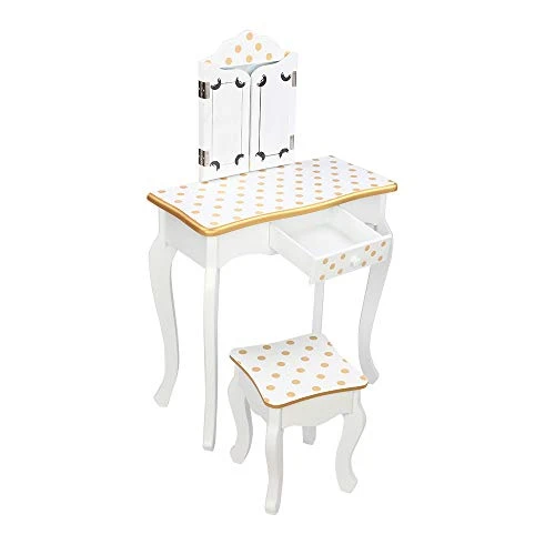 Kids Vanity Table & Stool Set With Mirror, 2 In 1 Princess Makeup Dressing Table W/ Drawer & Detachable Top, Dressing Table Princess Makeup W/ 2 180° Folding Mirror For Age 3-12 Girls, White+Yellow 3 Kids Vanity Table & Stool Set With Mirror, 2 In 1 Princess Makeup Dressing Table W/ Drawer & Detachable Top, Dressing Table Princess Makeup W/ 2 180° Folding Mirror For Age 3-12 Girls, White+Yellow - Image 3