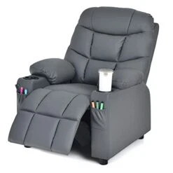 GLACER Kids Recliner Chair W/Cup Holder & Side Pockets, Children Recliner W/Comfortable Backrest, Armrests & Footrest, Toddler PU Leather Recliner For Boys Girls, 3+ Age Group (Grey)