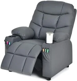 GLACER Kids Recliner Chair W/Cup Holder & Side Pockets, Children Recliner W/Comfortable Backrest, Armrests & Footrest, Toddler PU Leather Recliner For Boys Girls, 3+ Age Group (Grey) -Safavieh Furniture 31xCjOJ1O8L. AC