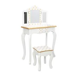 Kids Vanity Table & Stool Set With Mirror, 2 In 1 Princess Makeup Dressing Table W/ Drawer & Detachable Top, Dressing Table Princess Makeup W/ 2 180° Folding Mirror For Age 3-12 Girls, White+Yellow