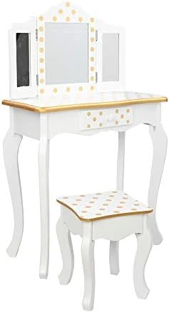 Kids Vanity Table & Stool Set With Mirror, 2 In 1 Princess Makeup Dressing Table W/ Drawer & Detachable Top, Dressing Table Princess Makeup W/ 2 180° Folding Mirror For Age 3-12 Girls, White+Yellow 8 Kids Vanity Table & Stool Set With Mirror, 2 In 1 Princess Makeup Dressing Table W/ Drawer & Detachable Top, Dressing Table Princess Makeup W/ 2 180° Folding Mirror For Age 3-12 Girls, White+Yellow - Image 8