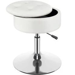 GREENSTELL Vanity Stool With Storage, 360°Swivel Makeup Stool, 17.9" To 24.2" Height Adjustable PU Leather Vanity Chair With Removeable Tray, Modern Round Ottoman For Bedroom Bathroom White