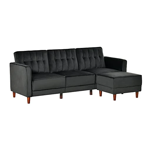 HOMCOM Upholstered L-Shaped Sofa Bed, Reversible Sectional Recliner Sofa Set, Velvet-Touch Sleeper Futon With Footstool, Black 1 HOMCOM Upholstered L-Shaped Sofa Bed, Reversible Sectional Recliner Sofa Set, Velvet-Touch Sleeper Futon With Footstool, Black