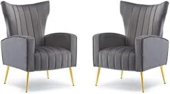 HOMEFUN Accent Chair Set Of 2, Velvet Wingback Armchair Modern Upholstered Single Sofa With Metal Legs For Living Room Bedroom Nursery, Beige -Safavieh Furniture 31zG GiuzIL. AC