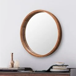 SIERSOE Round Wood Mirror 24 Inch, Wall Framed Bathroom Mirror For Vanity Farmhouse Rustic Mirror -Safavieh Furniture 4108 7tNkL. AC
