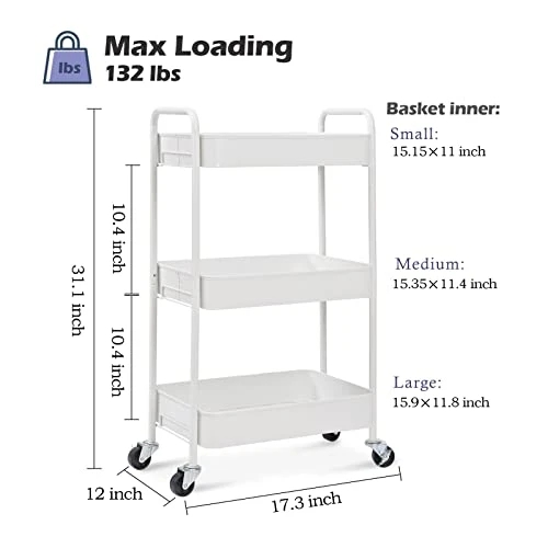 TOOLF 3-Tier Rolling Cart, Metal Utility Cart With Lockable Wheels, Storage Craft Art Cart Trolley Organizer Serving Cart Easy Assembly For Office, Bathroom, Kitchen, Kids' Room, Classroom (White) 4 TOOLF 3-Tier Rolling Cart, Metal Utility Cart With Lockable Wheels, Storage Craft Art Cart Trolley Organizer Serving Cart Easy Assembly For Office, Bathroom, Kitchen, Kids' Room, Classroom (White) - Image 4