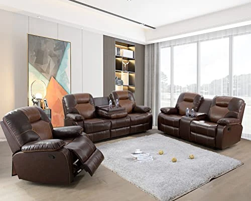 Nautery Leather Recliner Sofa,Living Room Furniture Set, Leather Sofa Set With Storage Console & Cup Holder For Office/Apartment(3 Pieces,Brown) 5 Nautery Leather Recliner Sofa,Living Room Furniture Set, Leather Sofa Set With Storage Console & Cup Holder For Office/Apartment(3 Pieces,Brown) - Image 5