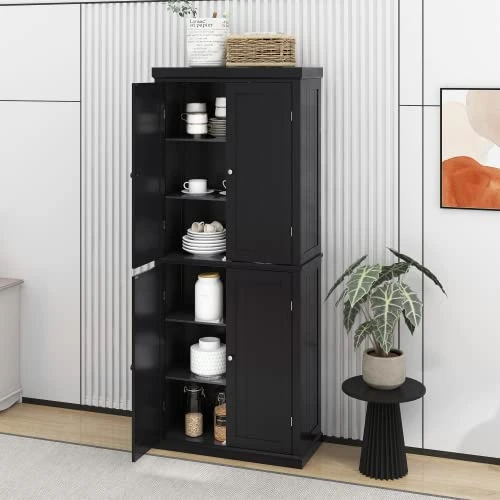 Aybihous3 Freestanding Tall Kitchen Pantry, 72.4" Minimalist Kitchen Storage Cabinet Organizer With 4 Doors And Adjustable Shelves, Black 1 Aybihous3 Freestanding Tall Kitchen Pantry, 72.4" Minimalist Kitchen Storage Cabinet Organizer With 4 Doors And Adjustable Shelves, Black