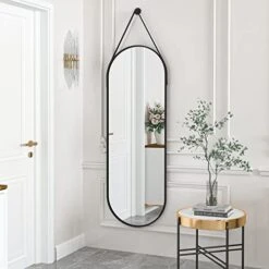 HARRITPURE 16"x48" Oval Hanging Mirror With Leather Strap Full Length Mirror Aluminum Frame Wall-Mounted Hanging Mirrors For Bathroom Vanity Living Room Bedroom Entryway Decor