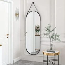 HARRITPURE 16"x48" Oval Hanging Mirror With Leather Strap Full Length Mirror Aluminum Frame Wall-Mounted Hanging Mirrors For Bathroom Vanity Living Room Bedroom Entryway Decor -Safavieh Furniture 410tk3gFCPL. AC