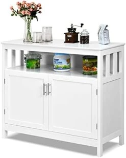 Giantex Kitchen Buffet Sideboard, Wooden Storage Server Cupboard Cabinet, Dining Room Living Room Bar Furniture 2-Door Console Table W/ 5-Position Adjustable Shelf & Open Shelf Drawer Cabinets (White) -Safavieh Furniture 4110M OMi3L. AC