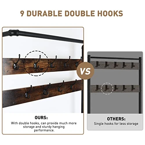 ECOMEX Entryway Coat Rack With Shoe Storage,Hall Tree With Bench And Shoe Storage,3-Tier Storage Shelf And 9 Hooks,37.8 * 14.4 * 73.5 Inches,3-in-1 Hall Tree Shoe Rack For Entryway (Rustic Brown) 5 ECOMEX Entryway Coat Rack With Shoe Storage,Hall Tree With Bench And Shoe Storage,3-Tier Storage Shelf And 9 Hooks,37.8 * 14.4 * 73.5 Inches,3-in-1 Hall Tree Shoe Rack For Entryway (Rustic Brown) - Image 5