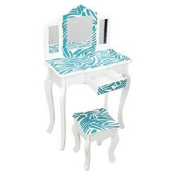 [NEW] Children Vanity Set - Blue Zebra Print Dressing Table With Curved Foot And Single Drawer For Kids