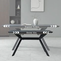 Jiexi Extendable Dining Table, Rectangular MDF Slate Stone Color Top With Steel Legs For 6-8 People, Modern Indoor Extendable 55'' To 71'' Dining Kitchen Table For Kitchen Room, Dining Room -Safavieh Furniture 411G3CUHKJL