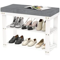 Domax White Shoe Rack Bench For Entryway - Bench With Shoe Storage Front Door Shoe Bench With Cushion Upholstered Padded Seat 3 Tier Bamboo Shoe Holder For Indoor Entrance Hallway Bedroom Living Room