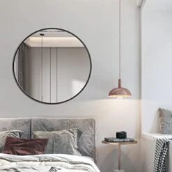 LFT HUIMEI2Y Wall Circle Mirror Large Round 28Inch Black Metal Frame Wall Mounted Circle Mirror For Bathroom, Living Room, Dining Room, Make Up Vanity Mirror, Entryway Mirror -Safavieh Furniture 411prcJqq7L