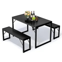 Bealife Dining Table Set For 4, Modern Kitchen Table Set With 2 Benches, 45.5in 3-Piece Soho Dining Room Table Set With Metal Frame And MDF Board, Sturdy Structure, Space-Saving Furniture (Black)