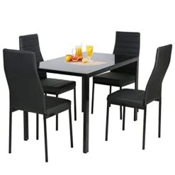 FDW 5 Piece Table And Chairs Dining Table Set Kitchen Table For Small Spaces Dinning Room Marble Grain (Black)