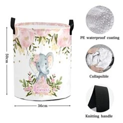 Rose Floral Elephant Personalized Laundry Hamper ,Custom Name Collapsible Waterproof Laundry Basket Storage Bins With Handle For Clothes,Toy,Nursery