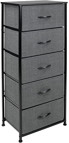 Dresser Storage Tower, Organizer For Closet, Tall Dresser For Bedroom, Chest Drawer For Clothes, Hallway, Living Room, College Dorm, Steel Frame, Wood Top, Fabric, 5 Drawers (Black/Charcoal)