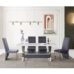 AZhome 3 Pieces Dining Room Bench Sets, Grey Velvet Dining Bench And 2 Dining Chairs, Silver Mirrored Legs