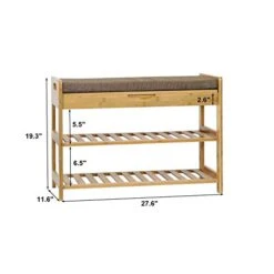 C&AHOME Shoe Bench Bamboo, 3-Tier Shoe Organizer With Cushion, Shoe Rack Bench For Entryway, Max Load 260 LBS, Removable Seat Cushion Bench, Ideal For Hallway, Living Room, Bedroom, Natural Color -Safavieh Furniture 412Cftk38PL