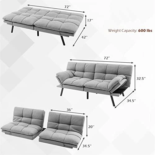 TBGFPO Convertible Futon Sofa Bed Memory Foam Couch Sleeper W/Adjustable Armrest Grey 5 TBGFPO Convertible Futon Sofa Bed Memory Foam Couch Sleeper W/Adjustable Armrest Grey - Image 5