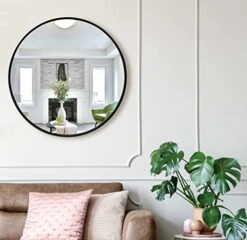 SDKOA Round Mirror 16 Inch With Black Aluminum Frame For Wall Decor, Bathroom Circle Mirror Modern Style Wall Hanging For Bedroom, Living Room, Dorm Or Entryways