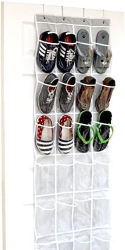 24 Pockets - SimpleHouseware Crystal Clear Over The Door Hanging Shoe Organizer, Gray (64'' X 19'')