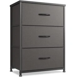 CubiCubi Dresser Nightstand For Bedroom, Small Kids Bedroom Fabric Tall Dresser 3 Drawer Storage Tower Organizer Unit For Hallway Entryway Closets, Steel Frame Wood Top, Dark Grey