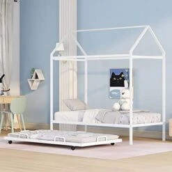 Epinki Twin Size Kids House Bed With Trundle, Metal House Bed White, Easy Assembly