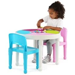Unknown Kids 2-in-1 Plastic Activity Table 2 Chairs Set White/Bright Colors - Multi Casual Round 3 Piece Glossy -Safavieh Furniture 413CiGtHKLL