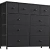 REAHOME 10 Drawer Dresser For Bedroom Fabric Storage Tower Wide Black Dresser With Wood Top Sturdy Steel Frame Storage Organizer Unit For Living Room Hallway Entryway Closets Nursery (Black Grey)