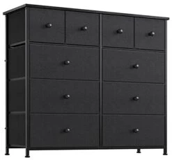 REAHOME 10 Drawer Dresser For Bedroom Fabric Storage Tower Wide Black Dresser With Wood Top Sturdy Steel Frame Storage Organizer Unit For Living Room Hallway Entryway Closets Nursery (Black Grey)