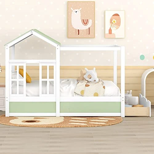 House Bed Full For Kids With Storage Drawer, Wood Cabin Tent Bed Frame For Girls Boys, Montessori Beds With Roof And Window, Full Size, Green 2 House Bed Full For Kids With Storage Drawer, Wood Cabin Tent Bed Frame For Girls Boys, Montessori Beds With Roof And Window, Full Size, Green - Image 2