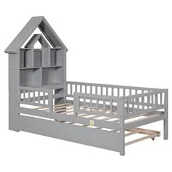 NCKMYB Twin Size Platform Bed With Storage Bookcase And Trundle, Kid Platform Bed With Fence Guardrails And House Shaped Headboard, For Boy Girl Toddler, Grey -Safavieh Furniture 413fUUsp5UL