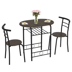 Kinlife 3-Piece Table Set, Industrial Wood And Metal Frame Modern Round Dining Room Table With 2 Chairs Compact Space For Kitchen Dining Room Living Room Garden, Brown