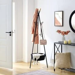 Tajsoon Coat Rack, Freestanding Coat Hanger With Fabric Storage Basket And 6 Leaves Hooks,Hall Tree Stand For Coats, Hats, Scarves, Clothes, Handbags,Black -Safavieh Furniture 414AZe131FL