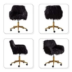 KCC Fluffy Office Desk Chair, Faux Fur Modern Swivel Armchair With Wheels, Soft Comfy Fuzzy Elegant Accent Makeup Vanity Chairs For Women Girls, Home Living Dressing Room Bedroom, Black -Safavieh Furniture 414MwIn7z9L