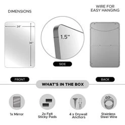 UPLAND OAKS Large Bathroom Mirrors For Wall - Modern Rectangular Mirror With Seamless Metal Mirror Frame - Easy To Install, Mounting Hardware Included (Silver, Slim Lip 36"x24") 8 UPLAND OAKS Large Bathroom Mirrors For Wall - Modern Rectangular Mirror With Seamless Metal Mirror Frame - Easy To Install, Mounting Hardware Included (Silver, Slim Lip 36"x24") -Safavieh Furniture 414U7WtebKL