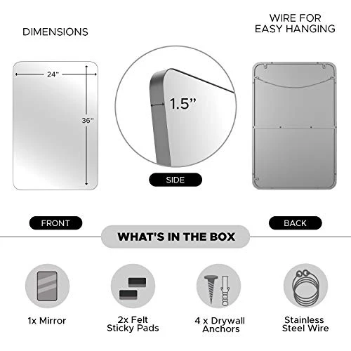 UPLAND OAKS Large Bathroom Mirrors For Wall - Modern Rectangular Mirror With Seamless Metal Mirror Frame - Easy To Install, Mounting Hardware Included (Silver, Slim Lip 36"x24") 4 UPLAND OAKS Large Bathroom Mirrors For Wall - Modern Rectangular Mirror With Seamless Metal Mirror Frame - Easy To Install, Mounting Hardware Included (Silver, Slim Lip 36"x24") - Image 4