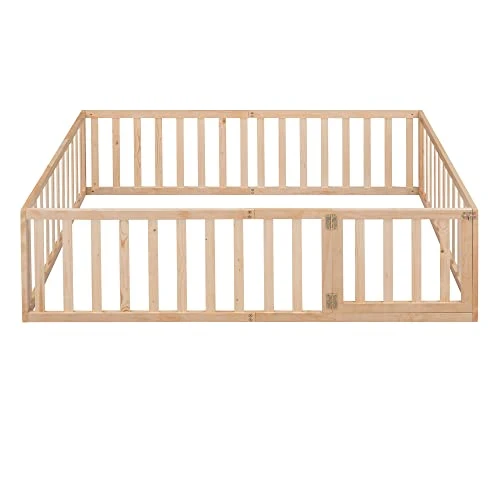 Widagirel Twin Size Montessori Floor Bed With Fence Railings, Door, And Wood Playhouse Frame For Boys And Girls (Natural, Full) 5 Widagirel Twin Size Montessori Floor Bed With Fence Railings, Door, And Wood Playhouse Frame For Boys And Girls (Natural, Full) - Image 5