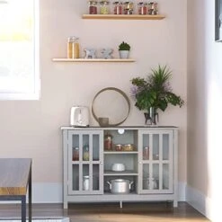 HOMCOM Sideboard, Buffet Cabinet, Coffee Bar Cabinet, Kitchen Cabinet With Storage Shelves, Slatted Framed Doors And Cable Management For Living Room, Gray 11 HOMCOM Sideboard, Buffet Cabinet, Coffee Bar Cabinet, Kitchen Cabinet With Storage Shelves, Slatted Framed Doors And Cable Management For Living Room, Gray -Safavieh Furniture 414W0VfD6SL