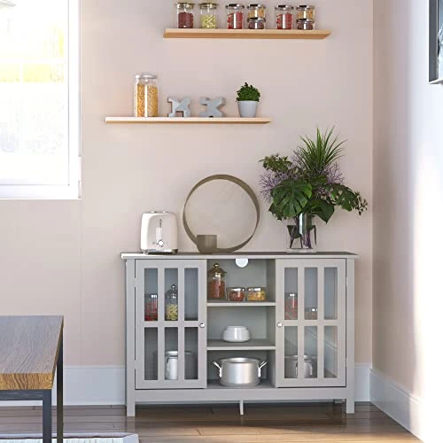 HOMCOM Sideboard, Buffet Cabinet, Coffee Bar Cabinet, Kitchen Cabinet With Storage Shelves, Slatted Framed Doors And Cable Management For Living Room, Gray 4 HOMCOM Sideboard, Buffet Cabinet, Coffee Bar Cabinet, Kitchen Cabinet With Storage Shelves, Slatted Framed Doors And Cable Management For Living Room, Gray - Image 4