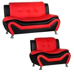 Home Square Living Room Furniture Set, 2 Piece Modern Faux Leather Couch Loveseat Arm Chairs Lounge Club Chair, Solid Wood Frame, Red Black